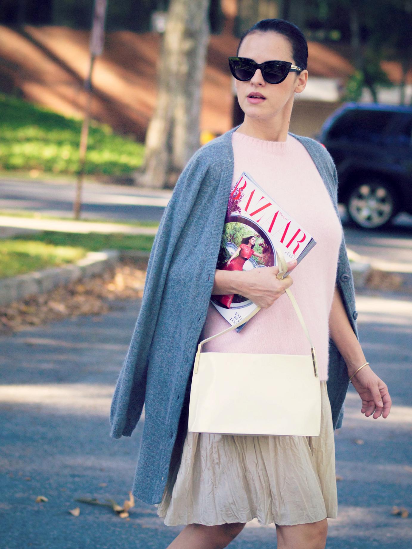 bittersweet colours, street style, fall trends, fuzzy sweater, silk skirt, christian louboutin shoes,  furla bag, bcbg max azria, cardigan, pink sweater, asos sunglasses, fall mix, pastel colors, pleated skirt, 