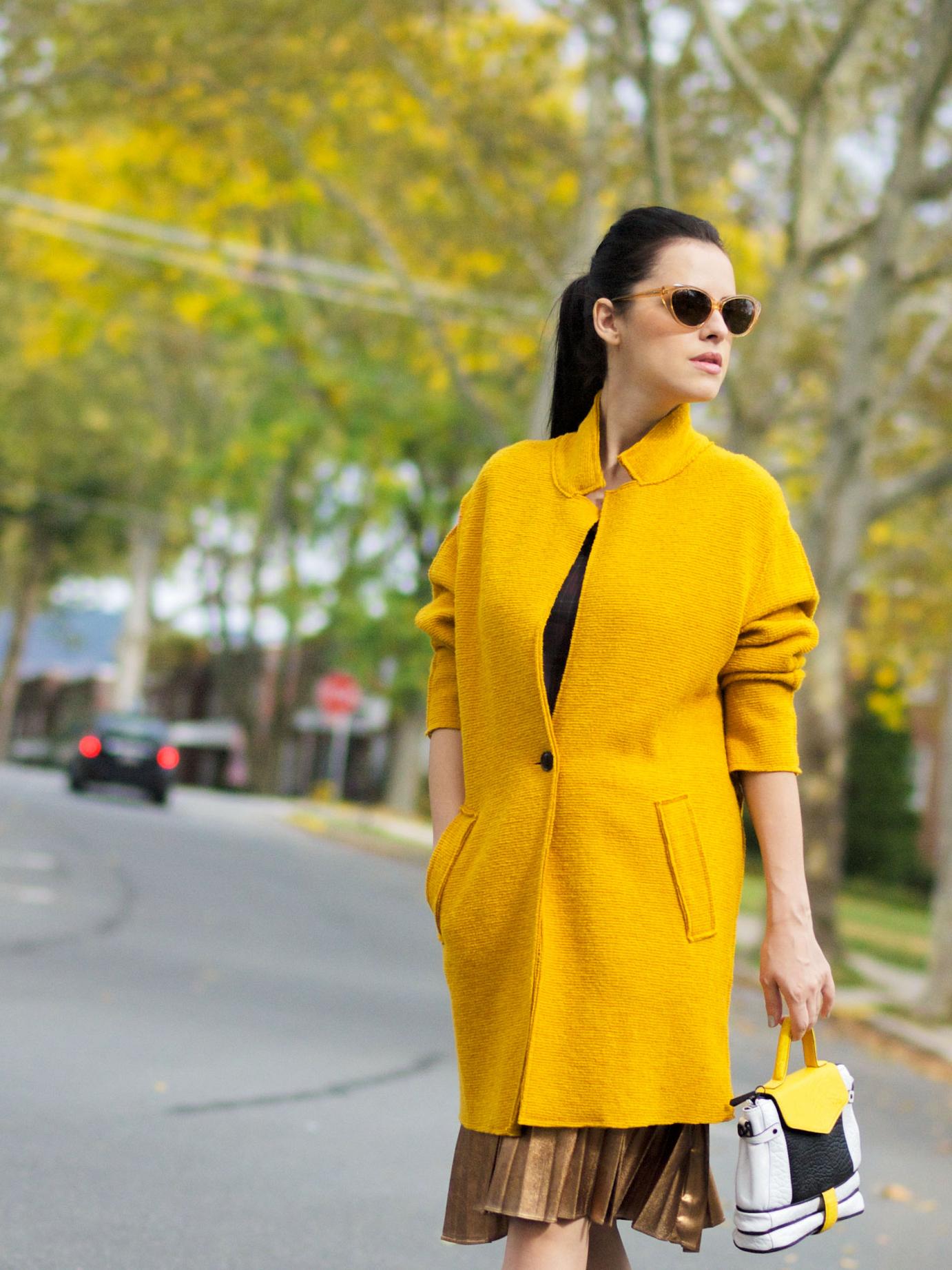 bittersweet colours, fall, fall coats, fall colors, fall trends, yellow coat, facine, pierre hardy shoes, metallic skirt, pleated skirt, metallic trends, eye cat sunglasses, maternity style, 18 weeks, street style, 