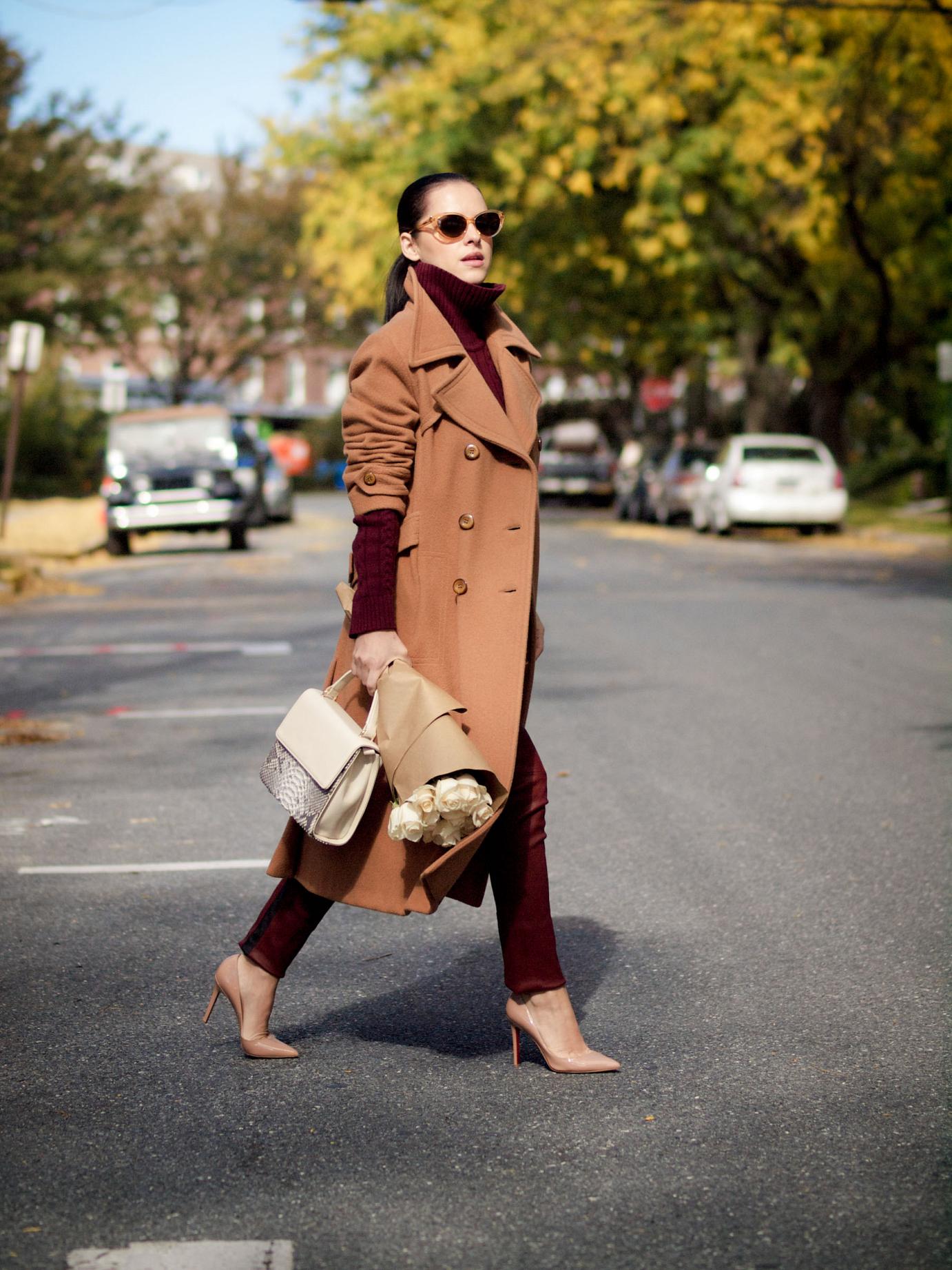 bittersweet colours, fall, fall coats, fall colors, camel coat, burgundy color, burgundy trend, leather pants, A.L.C. pants, christian louboutin shoes, maternity style, 20 weeks, bumb style, eye cat sunglasses, mini bag, street style, fall street style,