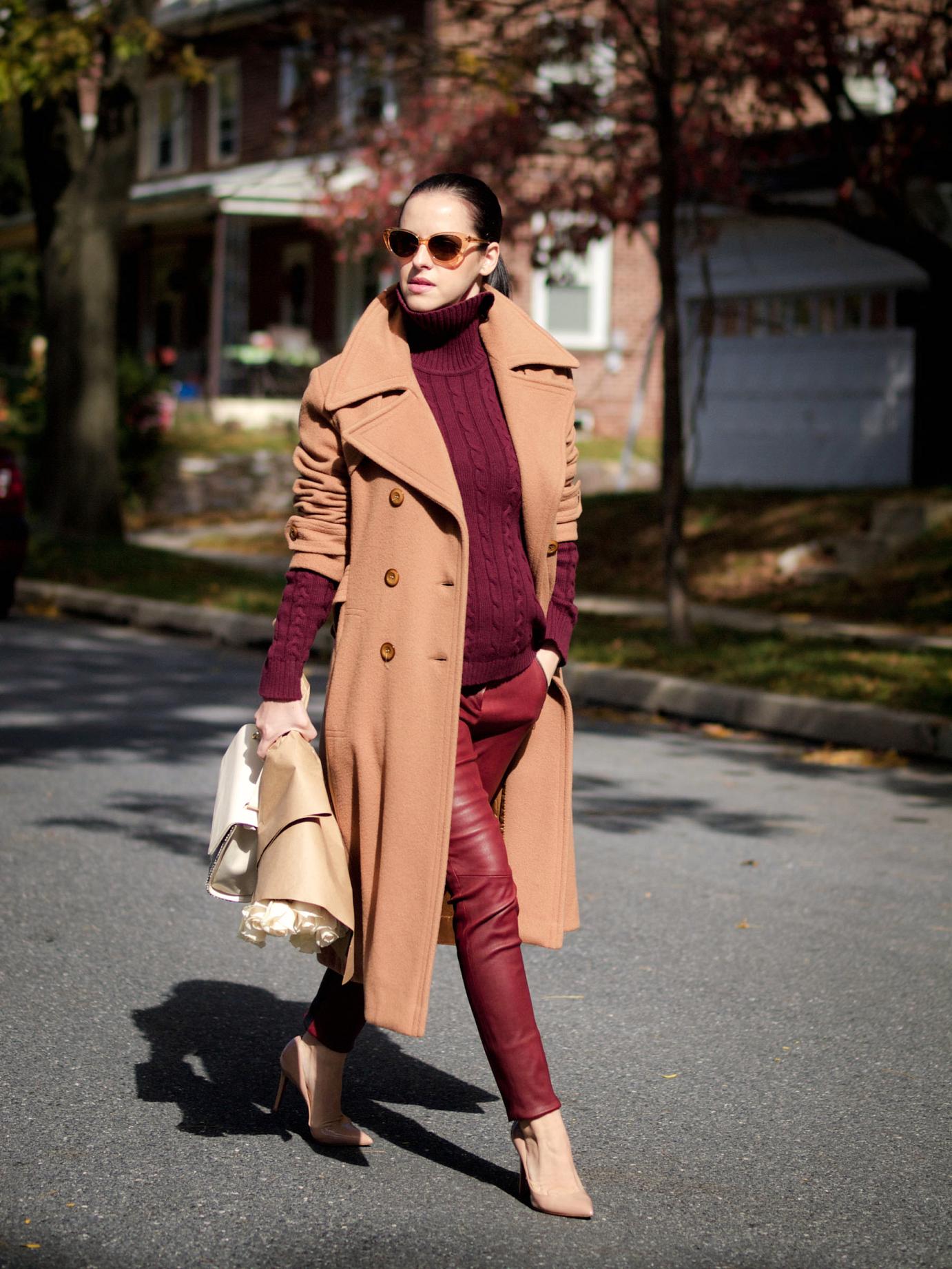 bittersweet colours, fall, fall coats, fall colors, camel coat, burgundy color, burgundy trend, leather pants, A.L.C. pants, christian louboutin shoes, maternity style, 20 weeks, bumb style, eye cat sunglasses, mini bag, street style, fall street style,