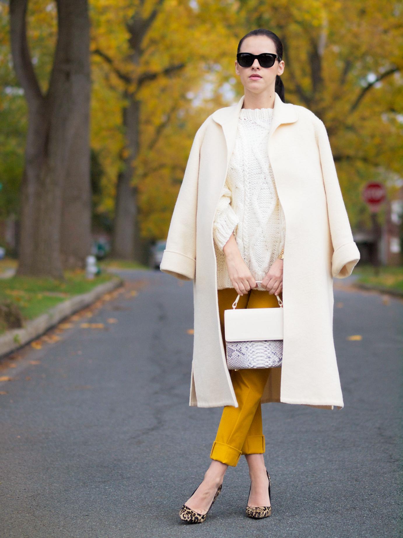 bittersweet colours, fall coats, fall colors, fall street style, chunky sweater, yellow pants, banana republic, leopard print shoes, valentino coat, vintage coat, street style, 20 weeks, maternity style, GIVEAWAY, world wide giveaway, 
