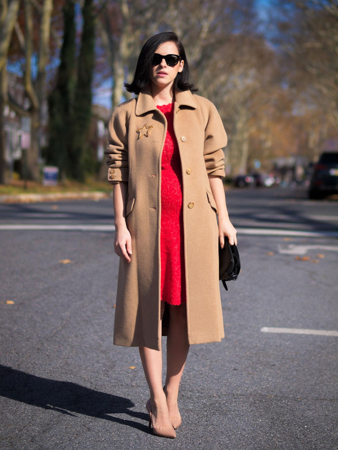 bittersweet colours, fall, fall coats, fall colors, fall street style, christian louboutin shoes, vintage dress, vintage coat, red dress, camel coat, cashmere coat, 3.1 phillip lim bag, maternity style, bumb style, 21 weeks,
