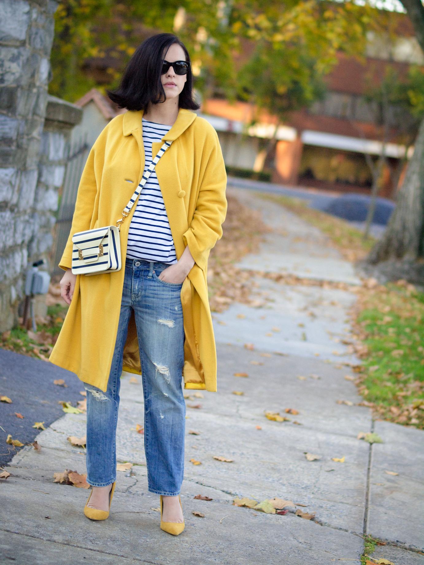 bittersweet colours, fall coats, yellow coat, sophie hulme bag, stripes, boyfriend jeans, yellow shoes, maternity style, 22 weeks, bump style, fall street style, street style,