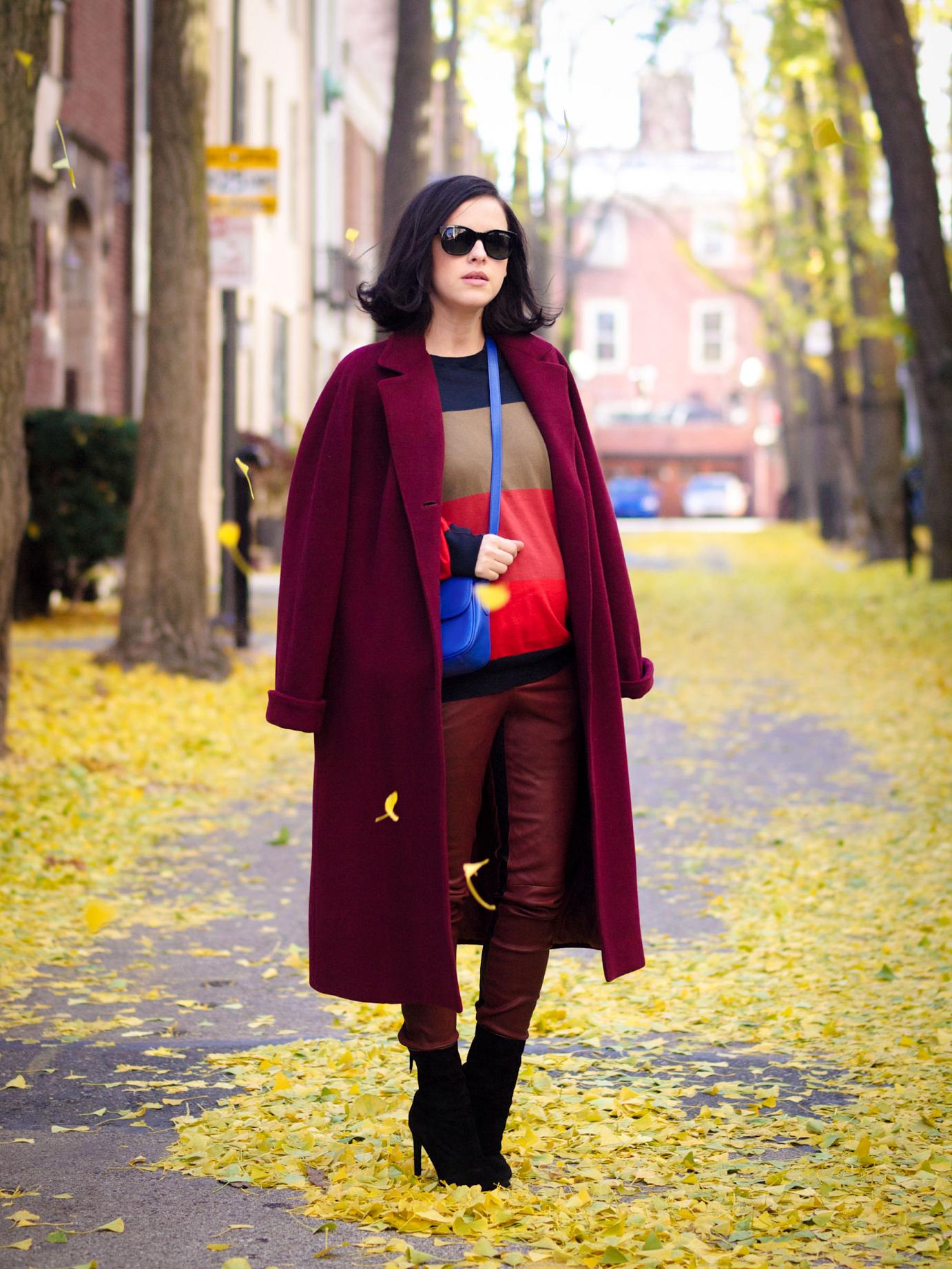 bittersweet colours, burgundy coat, fall colors, Philadelphia, fall street style, street style, cynthia rowley, A.L.C leather pants, leather pants, mango booties, maternity style, 23 weeks,