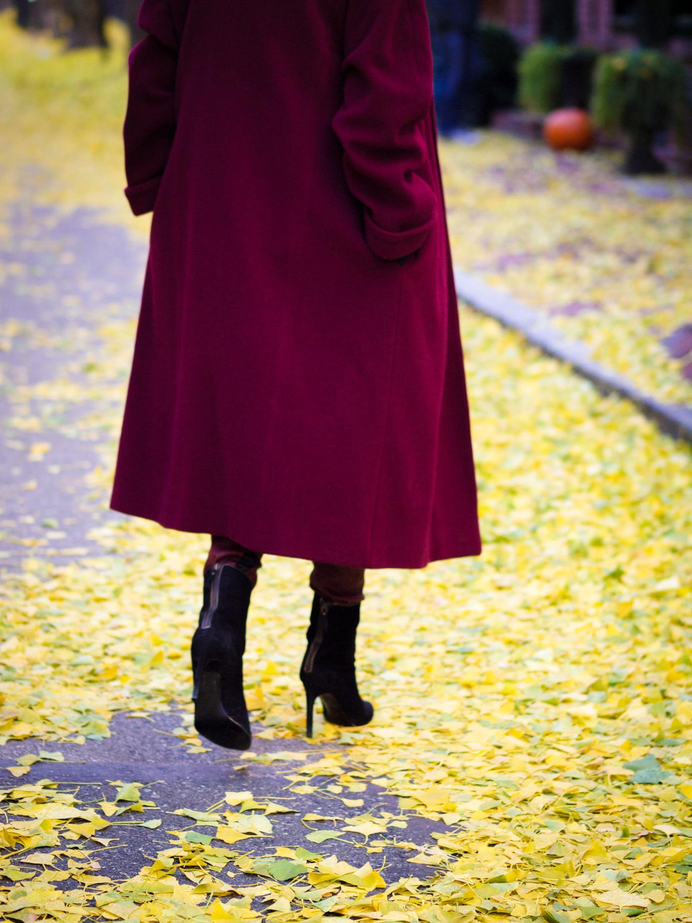 bittersweet colours, burgundy coat, fall colors, Philadelphia, fall street style, street style, cynthia rowley, A.L.C leather pants, leather pants, mango booties, maternity style, 23 weeks,