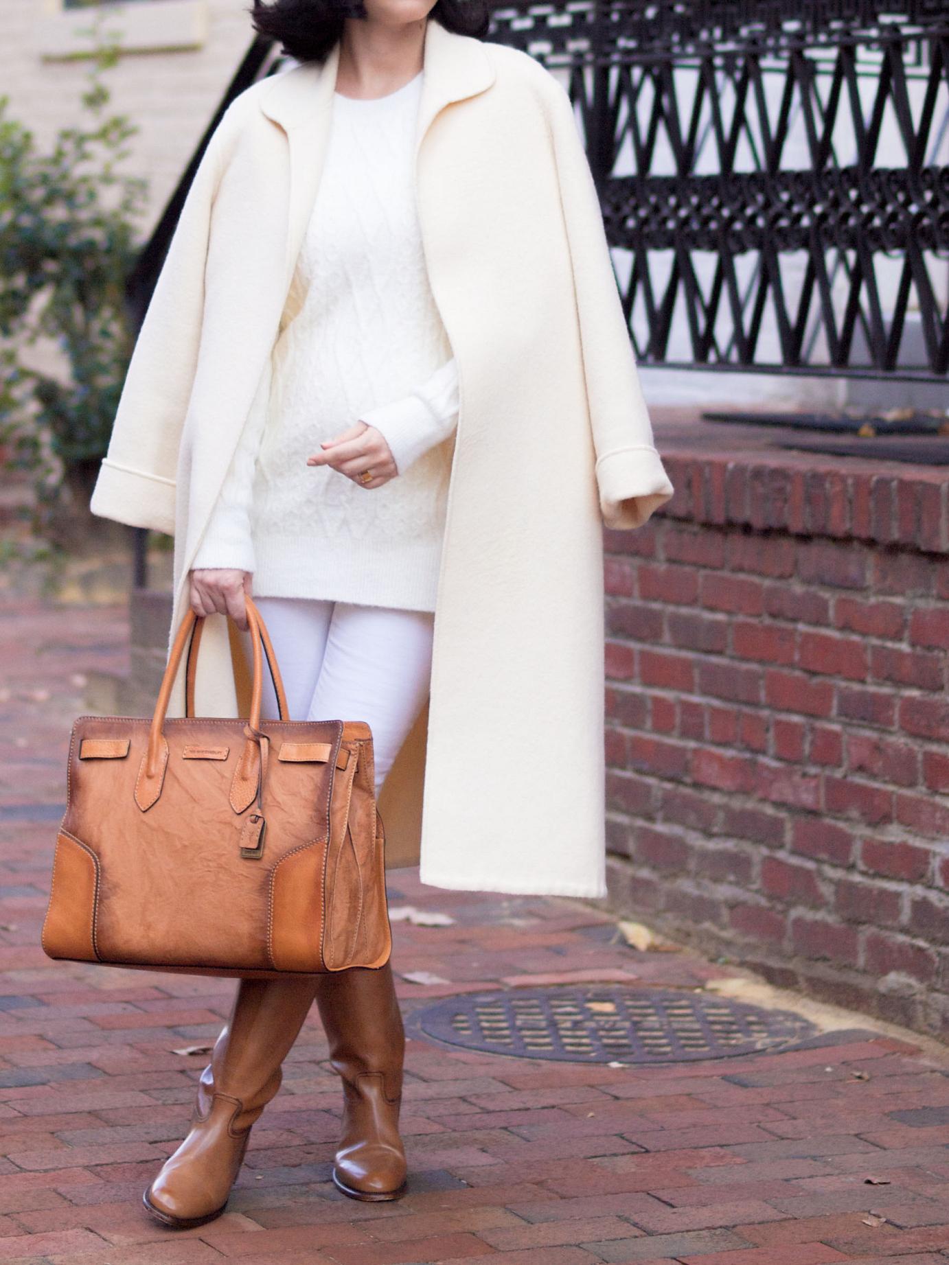 bittersweet colours, white coat winter, winter white, camel boots, frye boots, Philadelphia, fall street style, street style, white on white trend, valentino coat, maternity style, 23 weeks, white and camel, sweater weather, 