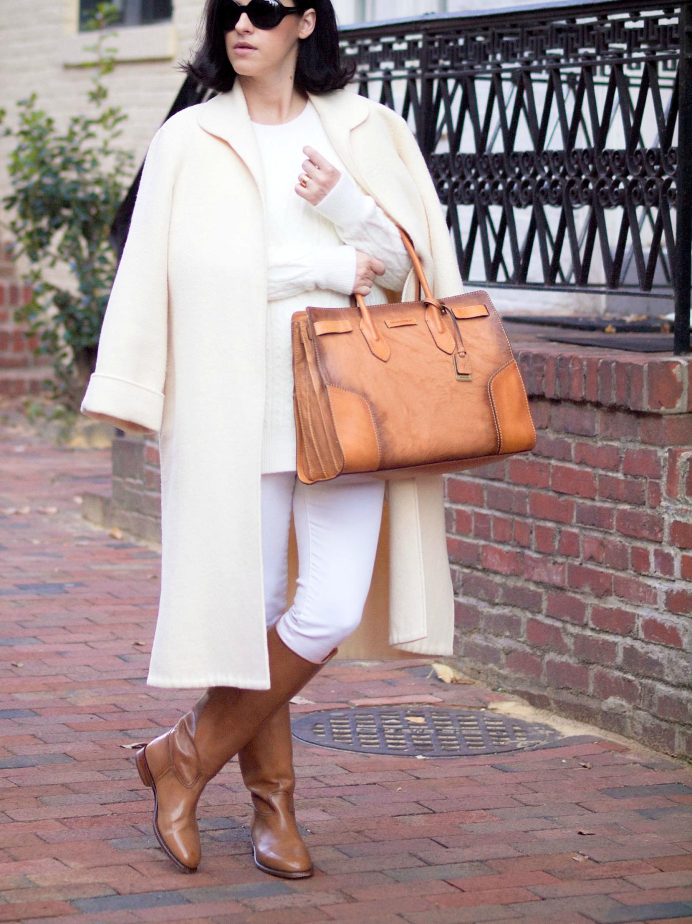 bittersweet colours, white coat winter, winter white, camel boots, frye boots, Philadelphia, fall street style, street style, white on white trend, valentino coat, maternity style, 23 weeks, white and camel, sweater weather