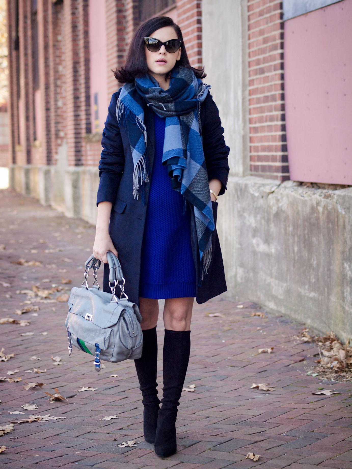bittersweet colours, navy coat, sweater dress, uniqlo, christian dior sunglasses, costume national bag, cape scarf, plaid scarf, cashmere coat, fall street style, street style, fall trends, navy black, stuart weitzman boots,  suede boots, melanie auld jewelry