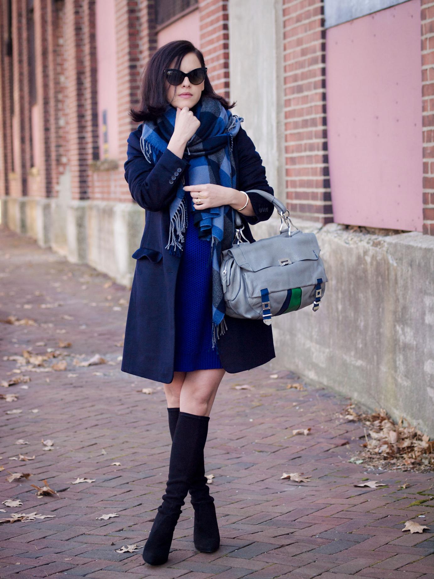 bittersweet colours, navy coat, sweater dress, uniqlo, christian dior sunglasses, costume national bag, cape scarf, plaid scarf, cashmere coat, fall street style, street style, fall trends, navy black, stuart weitzman boots,  suede boots, melanie auld jewelry, 