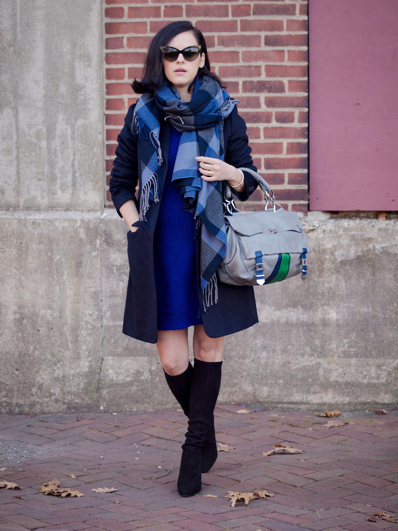 bittersweet colours, navy coat, sweater dress, uniqlo, christian dior sunglasses, costume national bag, cape scarf, plaid scarf, cashmere coat, fall street style, street style, fall trends, navy black, stuart weitzman boots,  suede boots, melanie auld jewelry, 