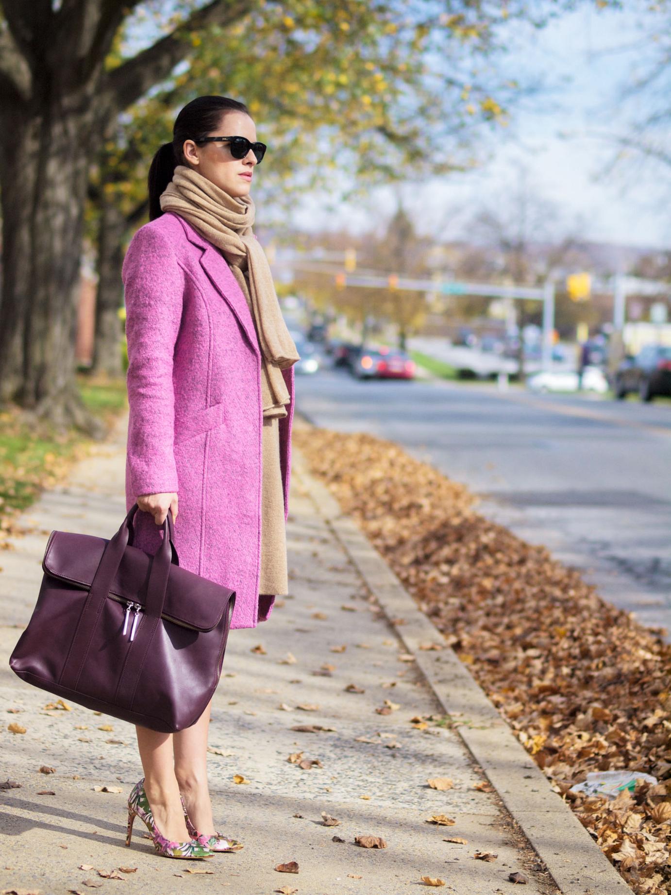 bittersweet colours, maternity style, bumb style, 21 weeks, fall street style, street style, fall trends, pink coat, gestuz coat, 3.1 phillip lim bag, ted baker, floral print pumps, cashmere dress, camel dress, sweater dress, camel scarf, cashmere scarf, pink trend