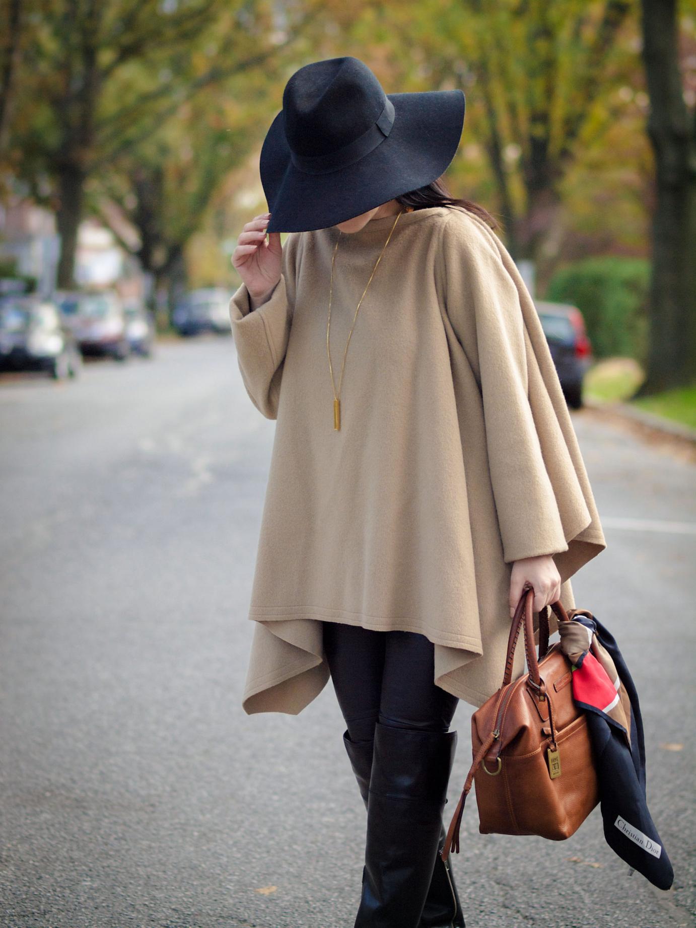 bittersweet colours, fall coats, fall street style, cape, wool cape, camel coat, over the knee boots, frye boots, hats, wool hat, dior scarf, street style, leather pants, black and camel,