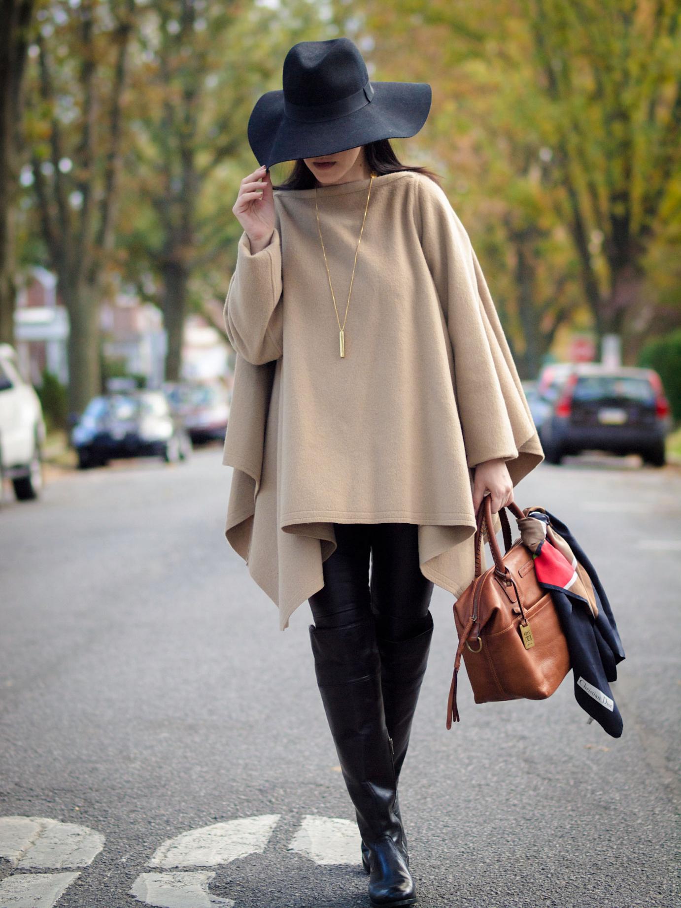 bittersweet colours, fall coats, fall street style, cape, wool cape, camel coat, over the knee boots, frye boots, hats, wool hat, dior scarf, street style, leather pants, black and camel,