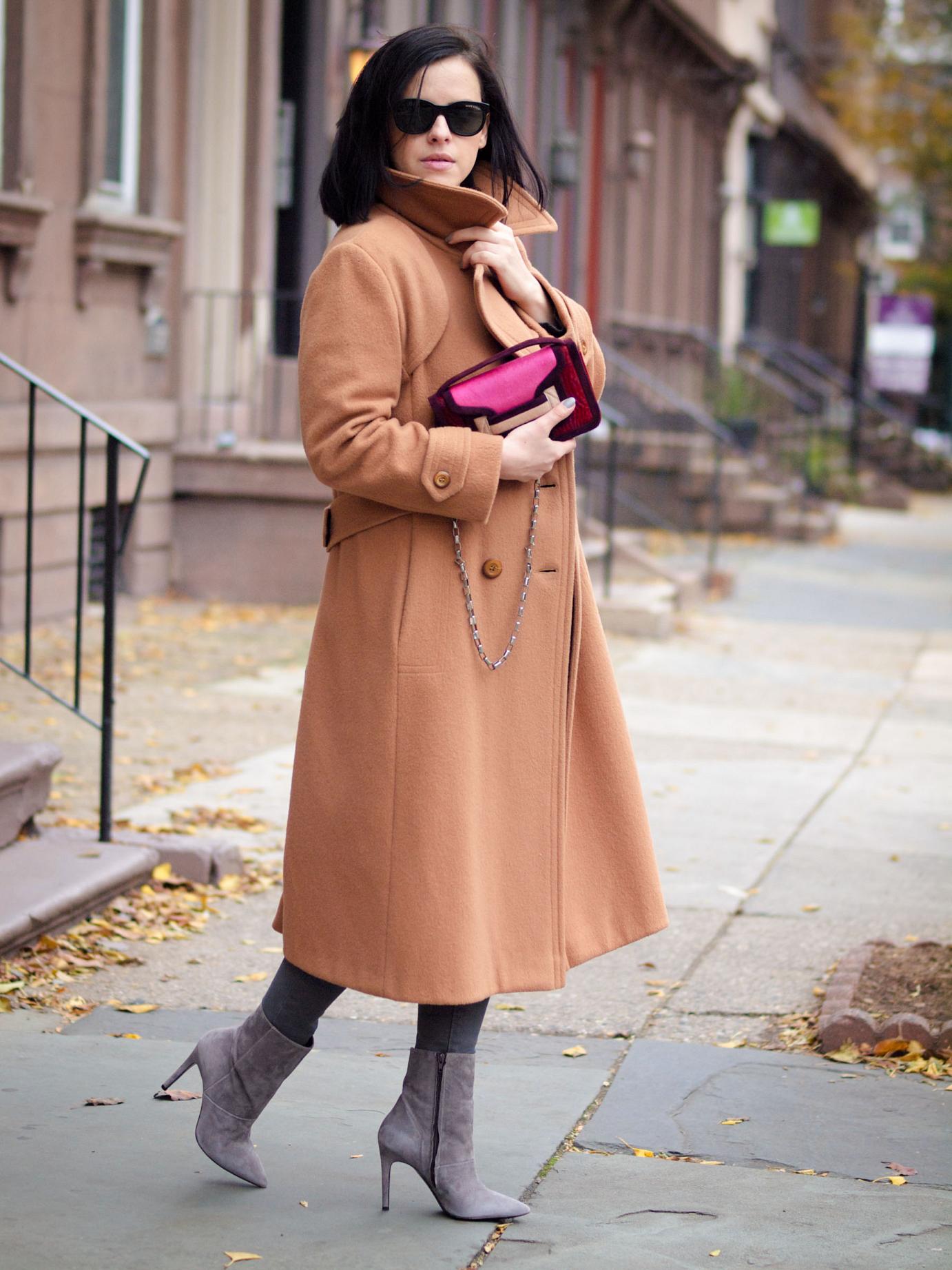 bittersweet colours, street style, fall coats, camel coat, camel and grey mix, pierre hardy bag, levis jeans, brandy pham jewelry, maternity style, baby bump, 25 weeks, sweater weather,