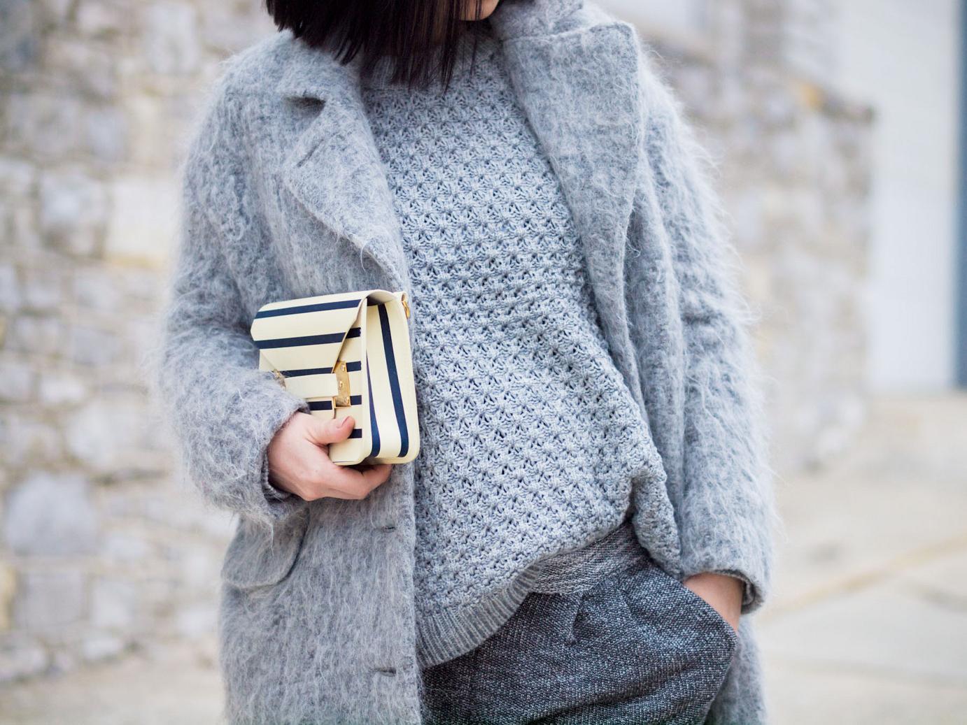 bittersweet colours, grey coat, fuzzy coat, grey outfit, konstantina tzovolou shoes, sophie hulme bag, fall street style, street style, maternity style, 25 weeks, sweater weather, 