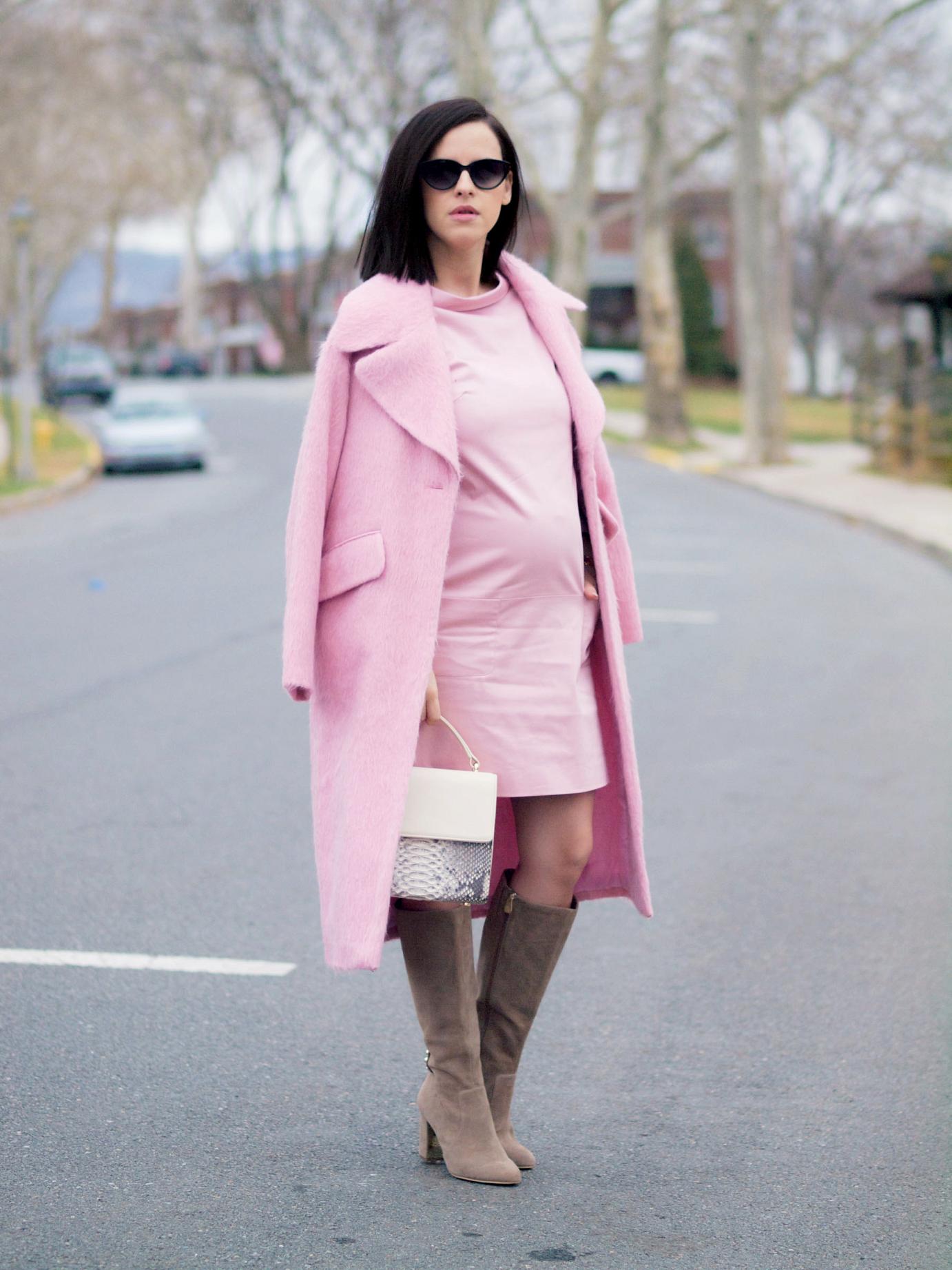 bittersweet colours, pink coat,  asos coat, pink dress, piol dress, anne klein boots, suede boots, fall street style, street style, maternity style, 26 weeks, monochrome look, pastels, powdery pink, fuzzy coat,
