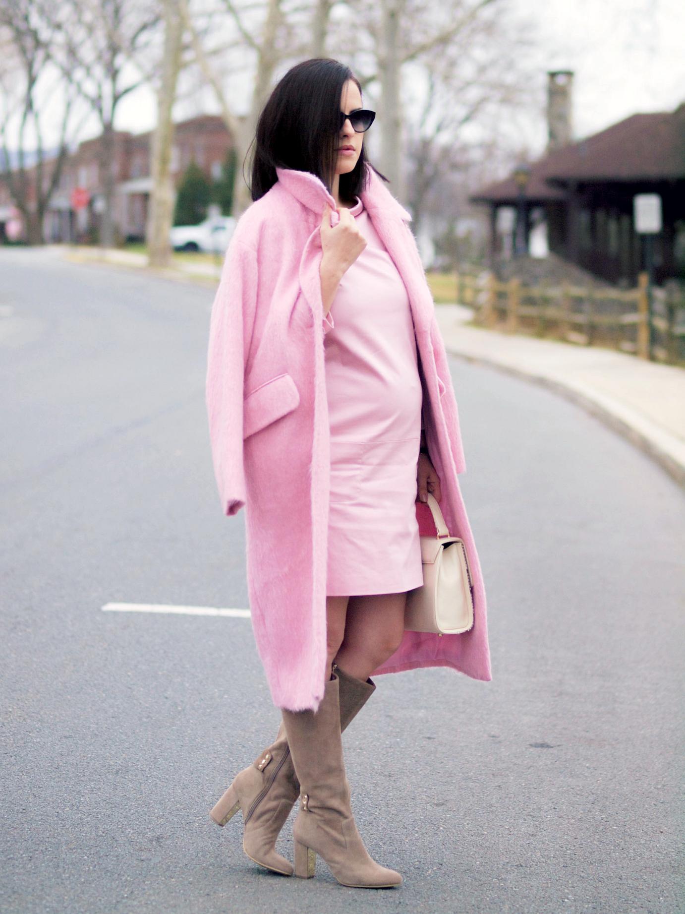 bittersweet colours, pink coat,  asos coat, pink dress, piol dress, anne klein boots, suede boots, fall street style, street style, maternity style, 26 weeks, monochrome look, pastels, powdery pink, fuzzy coat,