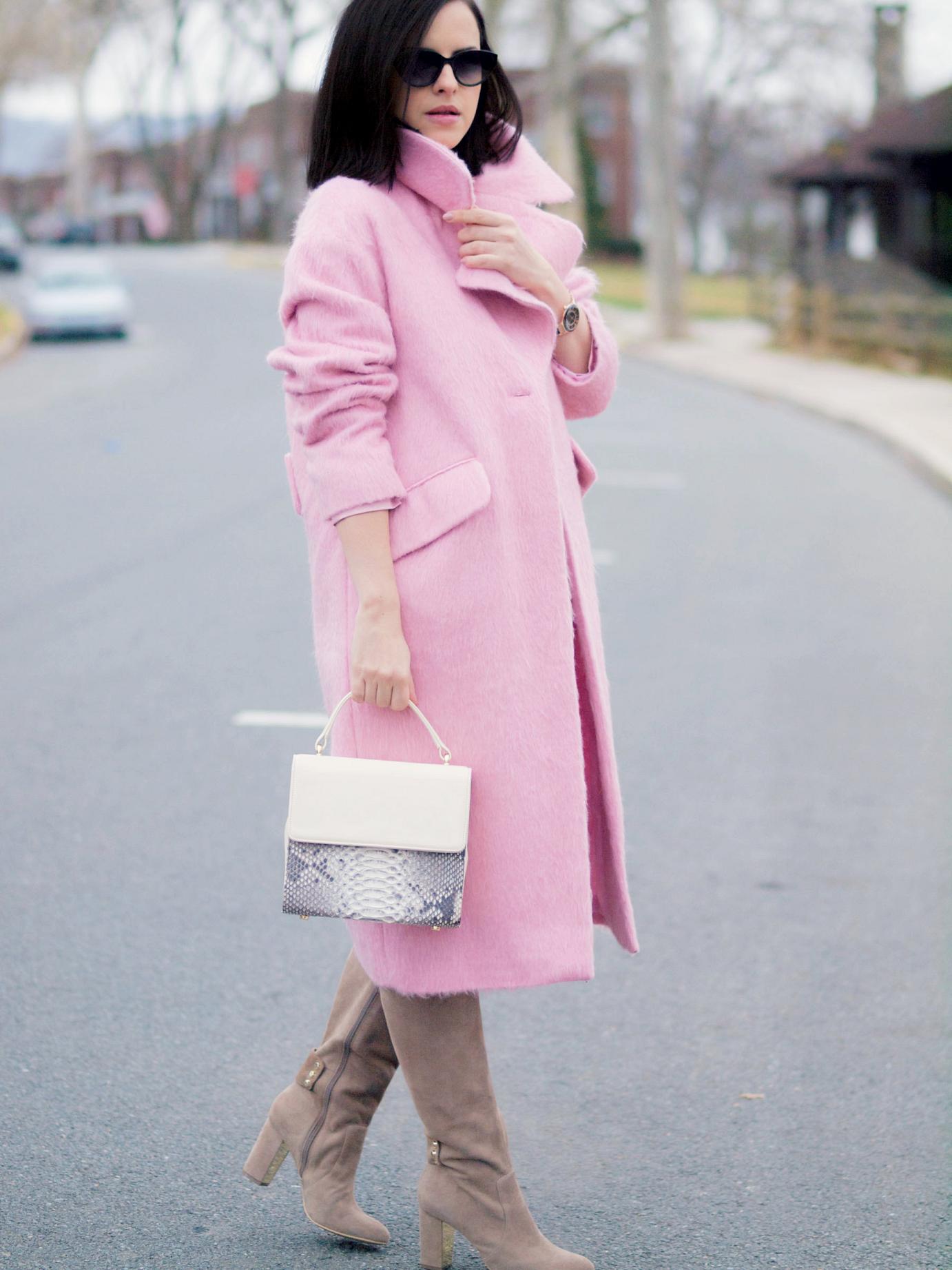 bittersweet colours, pink coat,  asos coat, pink dress, piol dress, anne klein boots, suede boots, fall street style, street style, maternity style, 26 weeks, monochrome look, pastels, powdery pink, fuzzy coat