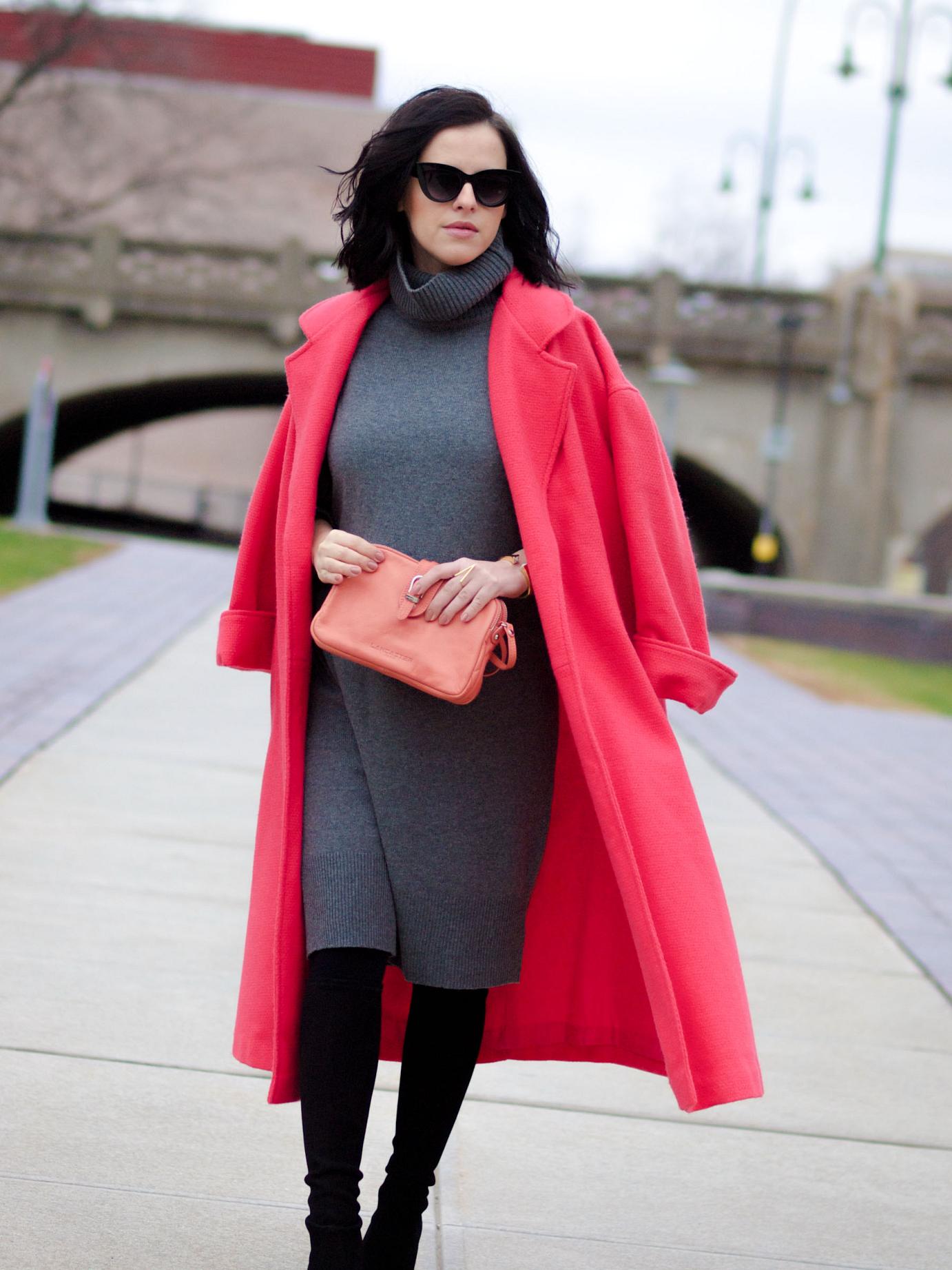 bittersweet colours, fall street style, street style, coral coat, colorful coats, jumper dress, grey dress, stuart weitzman boots, suede boots, eye cat sunglasses, melanie auld jewelry, lancaster paris bag, maternity style, 27 weeks, 