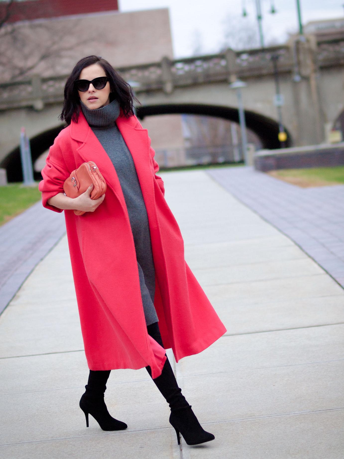 bittersweet colours, fall street style, street style, coral coat, colorful coats, jumper dress, grey dress, stuart weitzman boots, suede boots, eye cat sunglasses, melanie auld jewelry, lancaster paris bag, maternity style, 27 weeks, 