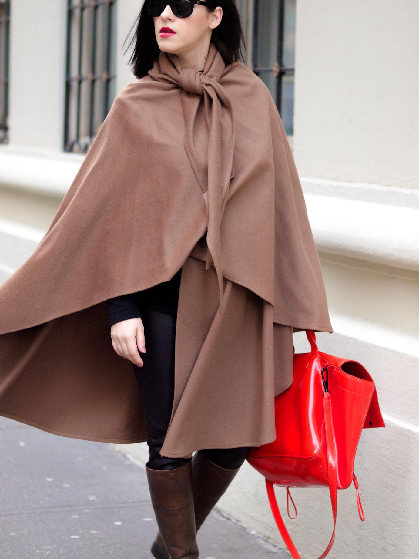 bittersweet colours, street style, winter coats, cape, benetton boots, 3.1 phillip lim bag, winter street style, maternity style, 27 weeks, New York, leather leggings, camel cape 