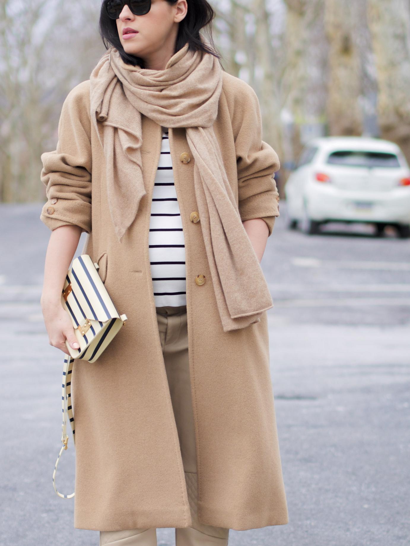 bittersweet colours, camel coat, camel and stripes, pink heels, sophie hulme bag, street style, winter trends, striped bag, neutral trend, maternity style, 32 weeks