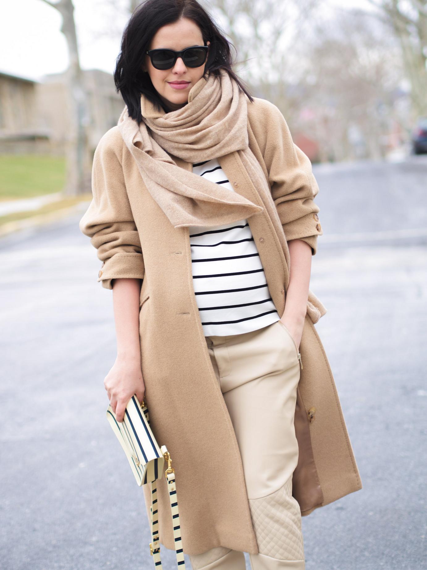 bittersweet colours, camel coat, camel and stripes, pink heels, sophie hulme bag, street style, winter trends, striped bag, neutral trend, maternity style, 32 weeks
