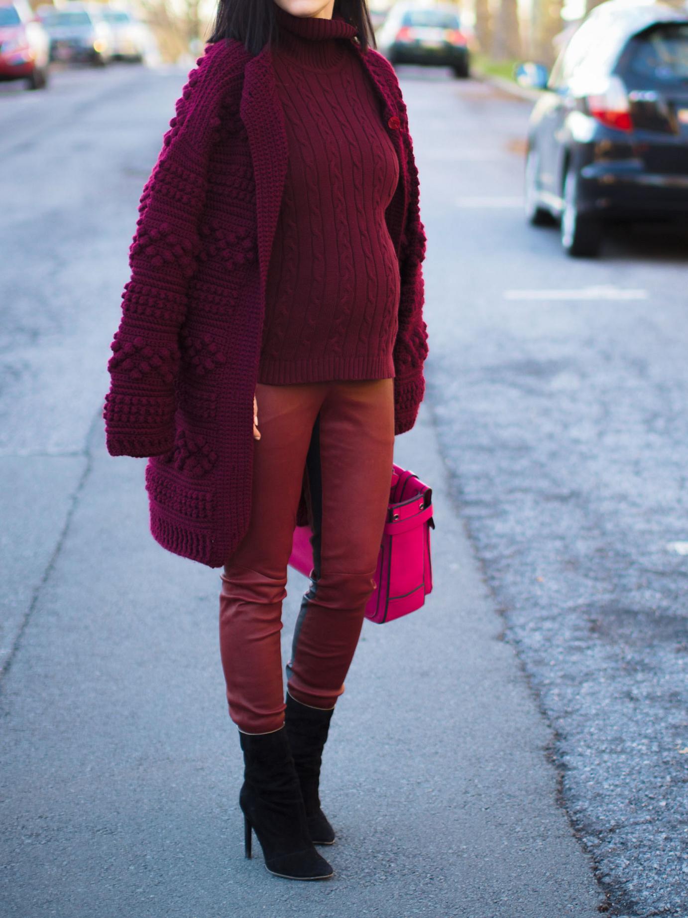 bittersweet colours, street style, winter trends, burgundy cardigan, vintage, burgundy color, monochrome look, reed krakoff bag, A.L.C pants, leather pants, maternity style, 30 weeks