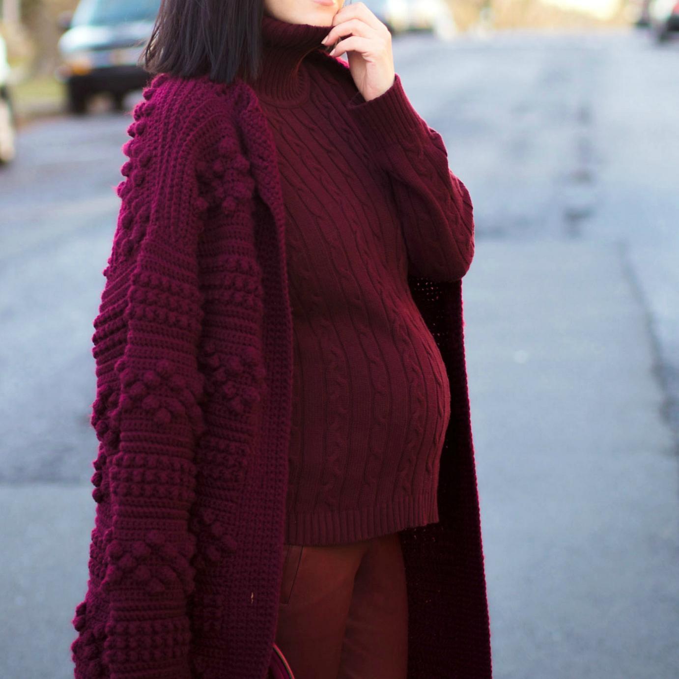 bittersweet colours, street style, winter trends, burgundy cardigan, vintage, burgundy color, monochrome look, reed krakoff bag, A.L.C pants, leather pants, maternity style, 30 weeks